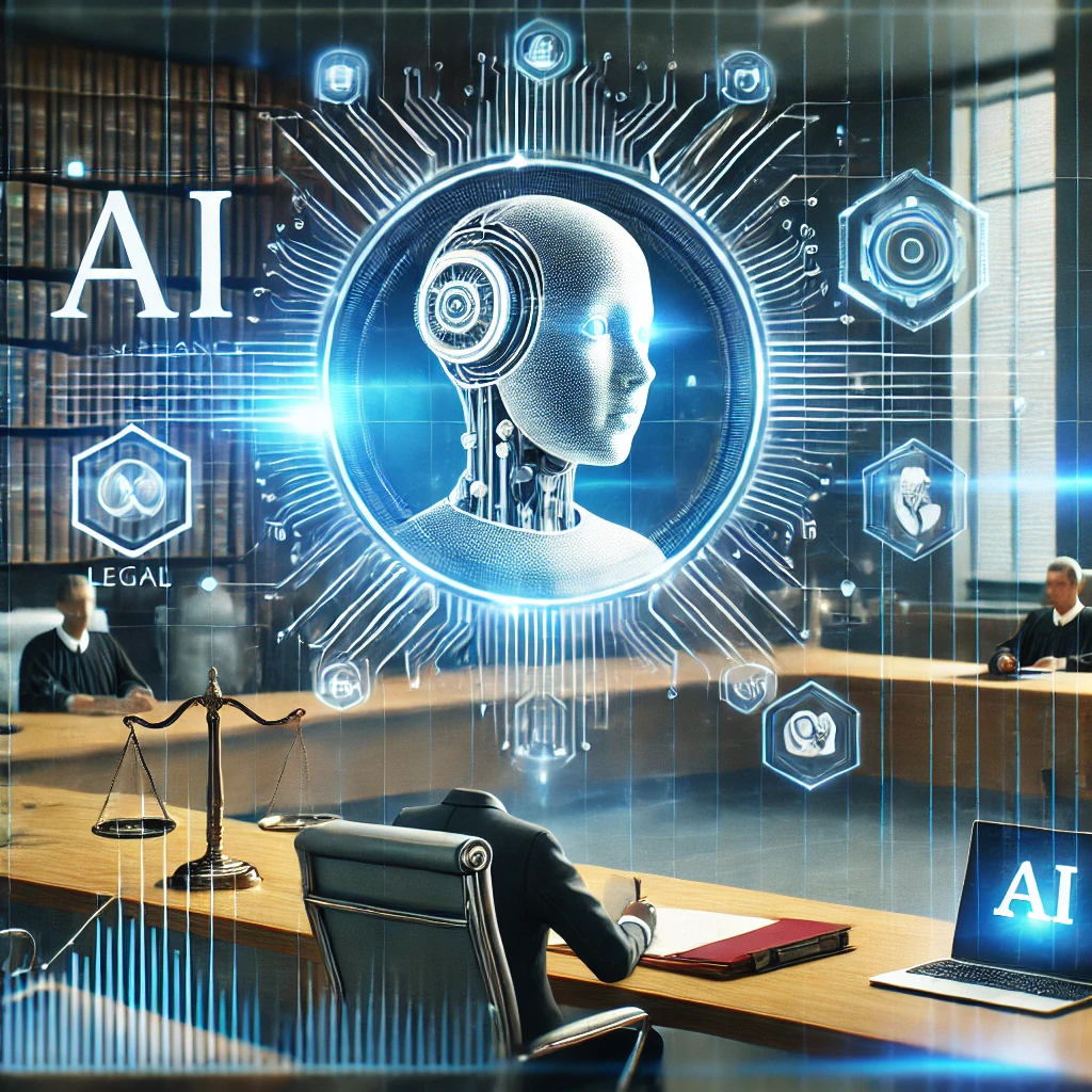DALL·E 2025-02-04 22.46.29 - A professional and modern illustration representing AI compliance and legal regulations. The image features a futuristic digital courtroom with hologr