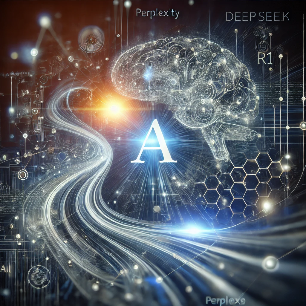 DALL·E 2025-02-05 22.04.18 - A modern and abstract AI concept showcasing the integration of DeepSeek R1 with Perplexity. The image features a glowing neural network, interconnecte
