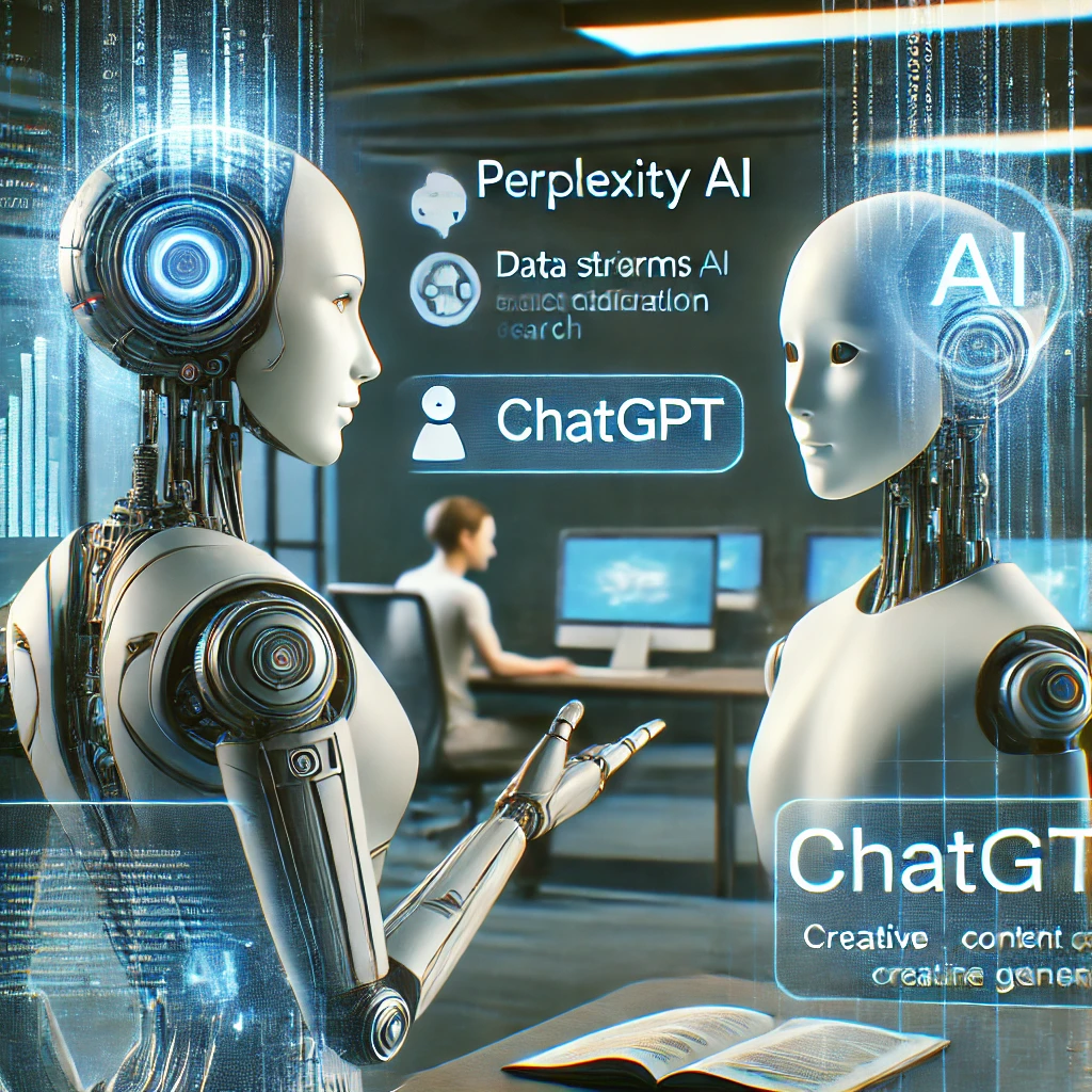DALL·E 2025-03-13 11.25.08 - A digital illustration showing Perplexity AI and ChatGPT as two futuristic AI assistants interacting. Perplexity AI appears as a sleek, high-tech rese